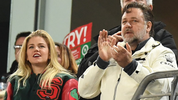 Russell Crowe and Sophia Forrest watching the Rabbitohs in action recently.