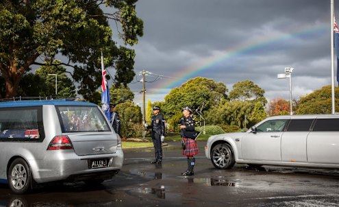 The rainbow at Eastern Freeway victim Lynette Taylor’s COVID funeral at the police academy.