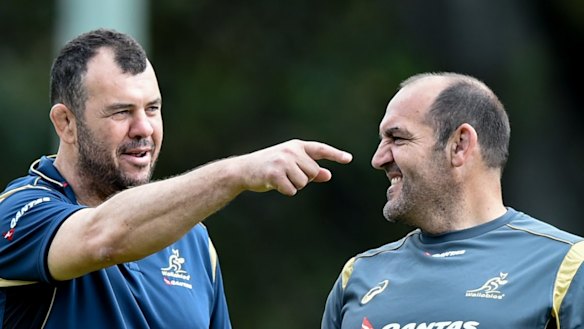 Mates: Michael Cheika and Mario Ledesma at Wallabies training in August, 2015. 