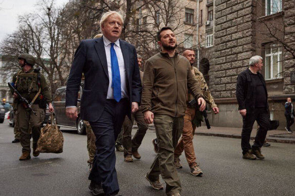 Ukraine President Volodymyr Zelensky takes Boris Johnson on a tour of warn-torn Kyiv.