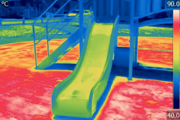 Infrared image shows heat at a western Sydney playground taken in January 2020, with temperatures notching 90 degrees on the unshaded synthetic grass
