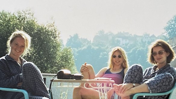 Jordan Baker (right) on a guest house balcony in Cesky Krumlov during the European summer of 1995.
