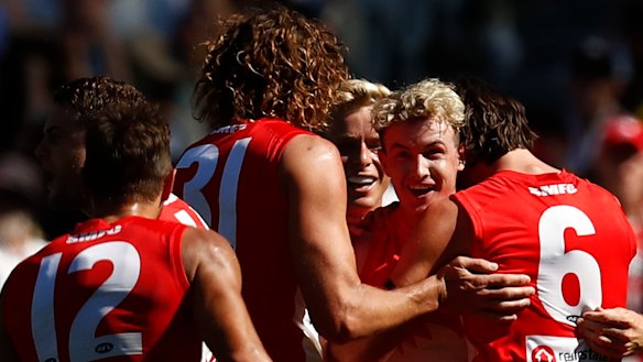 Young gun Chad Warner celebrates a goal during the Swans’ rout of Richmond at the MCG.