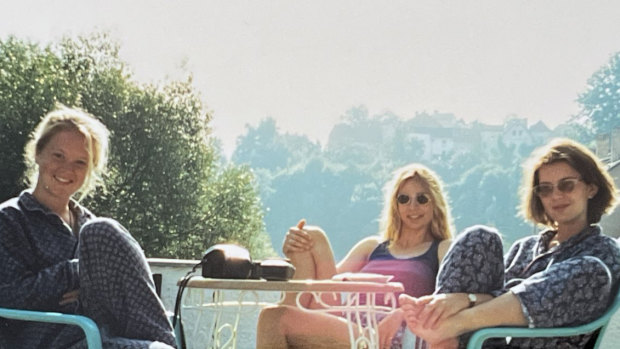 Jordan Baker (right) on a guest house balcony in Cesky Krumlov during the European summer of 1995.
