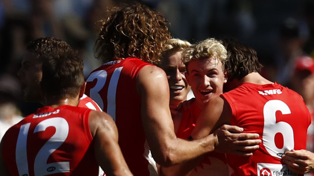 Young gun Chad Warner celebrates a goal during the Swans’ rout of Richmond at the MCG.