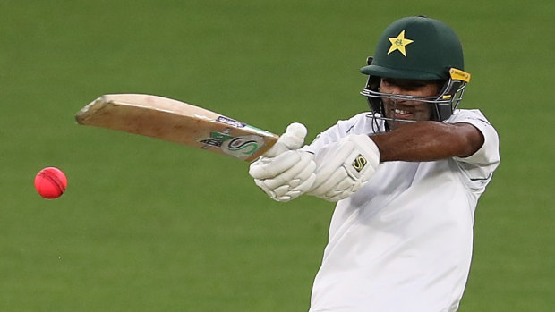 Asad Shafiq takes on the Australia A attack during his century for Pakistan at Optus Stadium.