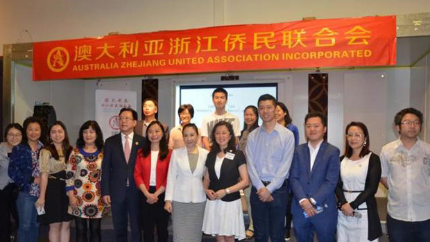 Chisolm candidates Gladys Liu (front centre, black jacket) and Jennifer Yang (front centre, red jacket) at an event with the Australian Zheijang United Association.