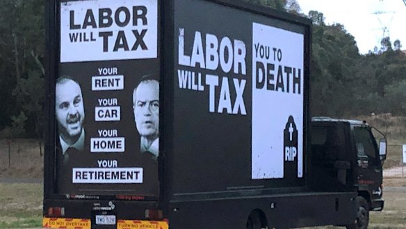 The truck that was spotted around the ACT displaying political advertising referring to Labor taxes  - the fine print says it was authorised by the Liberal Party. 
