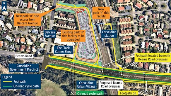 The preferred concept for Carseldine’s Beams Road upgrade, including removal of the level crossing.