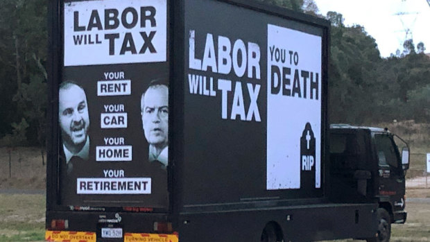 The truck that was spotted around the ACT displaying political advertising referring to Labor taxes  - the fine print says it was authorised by the Liberal Party. 
