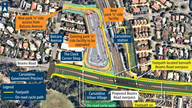 The preferred concept for Carseldine’s Beams Road upgrade, including removal of the level crossing.
