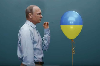 A Twitter image of Vladimir Putin about to burst a balloon in Ukrainian colours ... but is it Putin’s own balloon that will be burst?