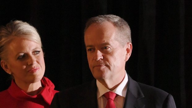 Bill Shorten delivers his speech with his wife Chloe by his side.