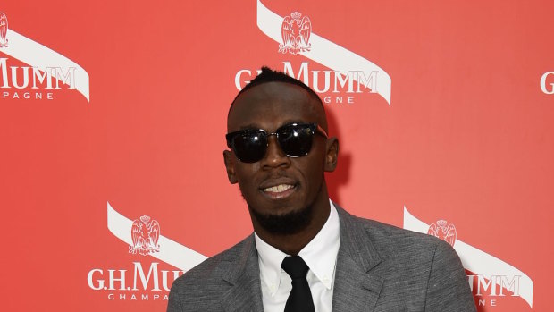 Usain Bolt at the Mumm marquee on Derby Day in 2018.