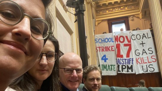 The Greens’ four state lower house MPs in a selfie with the young climate protesters who disrupted the Victorian parliament on Tuesday.