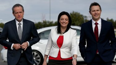 Bill Shorten, Emma Husar and Jason Clare during a visit to the University of Western Sydney in 2016.
