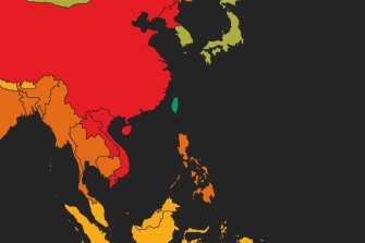 Civicus map of Asia showing Taiwan in a separate colour from China.