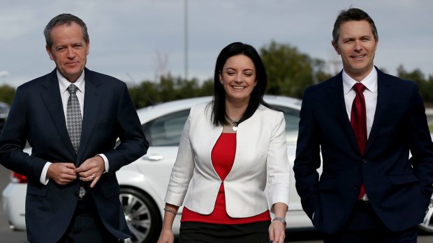 Bill Shorten, Emma Husar and Jason Clare during a visit to the University of Western Sydney in 2016.
