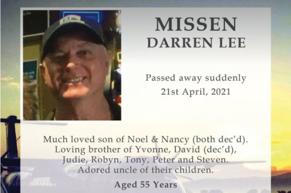 A funeral notice for Darren Missen, who died of a blood clot after an AstraZeneca vaccine, posted to Facebook.
