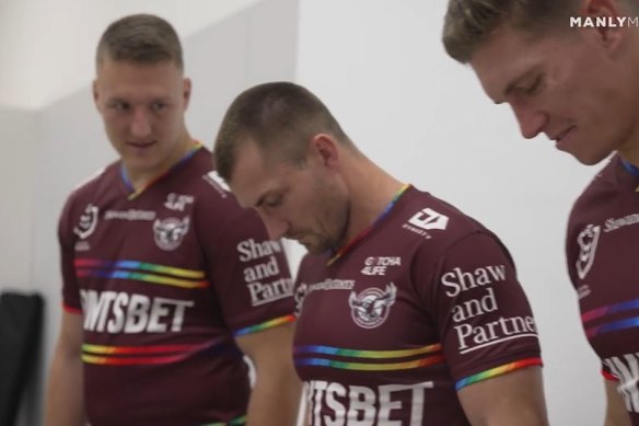 Sean Keppie, Kieran Foran and Reuben Garrick model the rainbow jersey before Thursday’s home clash against the Roosters.