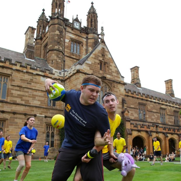 Students from the Quidditch Society, one of many quirky but beloved collectives, at the University of Sydney in 2013. 