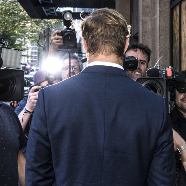 Jack de Belin leaves Sydney’s Downing Centre Local and District Court on May 10 this year.