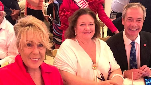 Teena McQueen (left) with Gina Rinehart and UK Reform Party leader Nigel Farage.