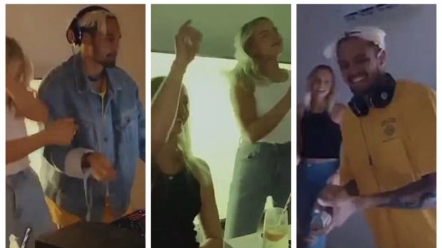 Stills from a social media video, reportedly showing three Dockers players flouting strict coronavirus restrictions.