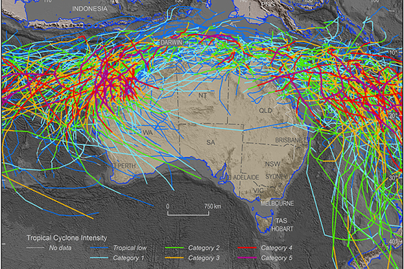 Historical tropical cyclone activity across Australia between 1981 and 2017.