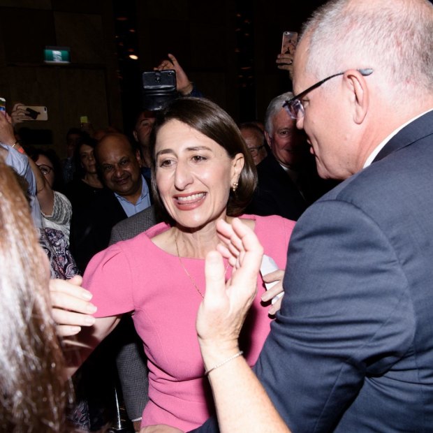 Gladys Berejiklian with Prime Minister Scott Morrison on state election night last year,