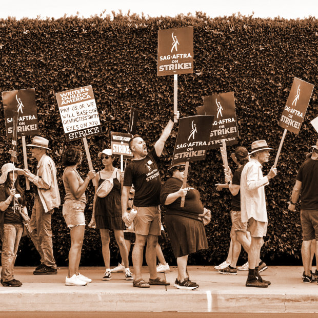 Picketers outside Paramount Studios in Los Angeles on July 17.