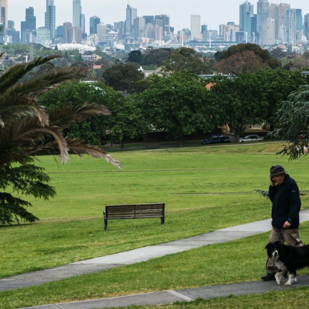 The view of Melbourne from Hawthorn East’s Anderson Park. The median house price has climbed by $200,000 to $2.6 million over the past 12 months.