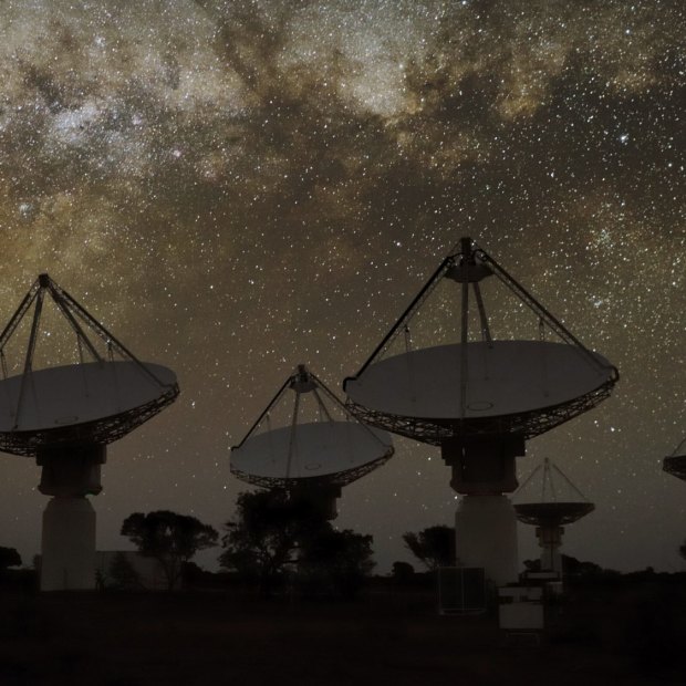 Under the Milky Way, 36 radio telescopes, each with 188 antennas crammed into a drum above the dish, all work as a single instrument capturing radio images of the sky. 