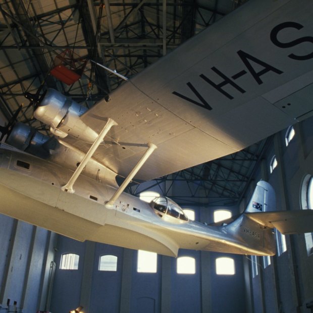 The Catalina Flying Boat was anchored to the roof of the Powerhouse Museum.