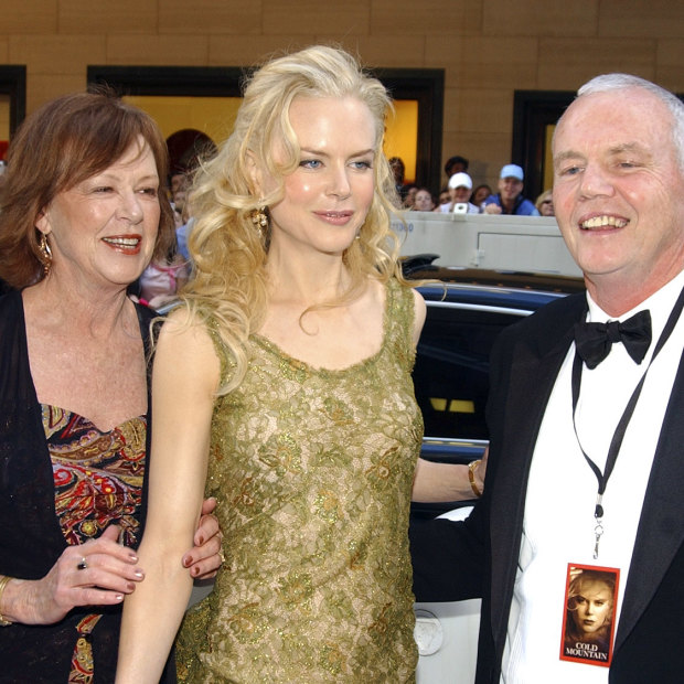 Nicole Kidman in 2003 at the Sydney premiere of her film Cold Mountain, with her mother Janelle and her father Antony, who died of a heart attack in 2014. 
