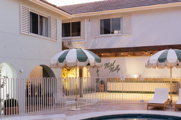 Plus-size umbrellas at Motel Molly’s pool.