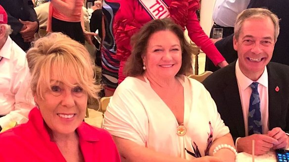 Gina Rinehart with former Liberal Party vice president Teena McQueen (left), and Nigel Farage, the leader of the conservative UK Reform party, at Trump’s election watch party.