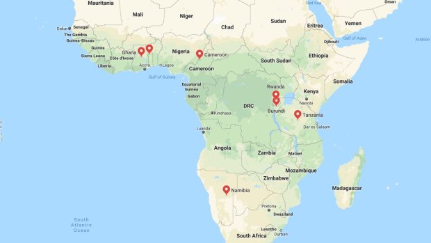 Former German colonies in Africa: Ghana, Togo, Cameroon, Rwanda, Burundi, Tanzania and Namibia (red markers).