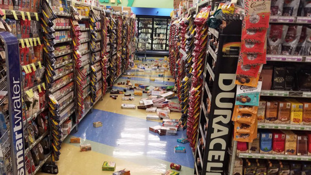 Goods fell off the shelves in this supermarket during the earthquake in Alaska.