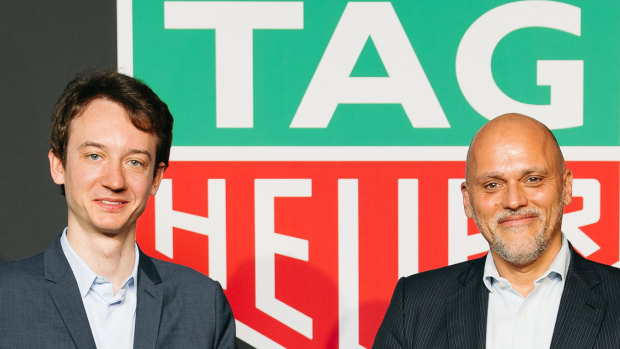 Frédéric Arnault (left), CEO of LVMH Watches and Antoine Pin, CEO of TAG Heuer, attend the TAG Heuer event.