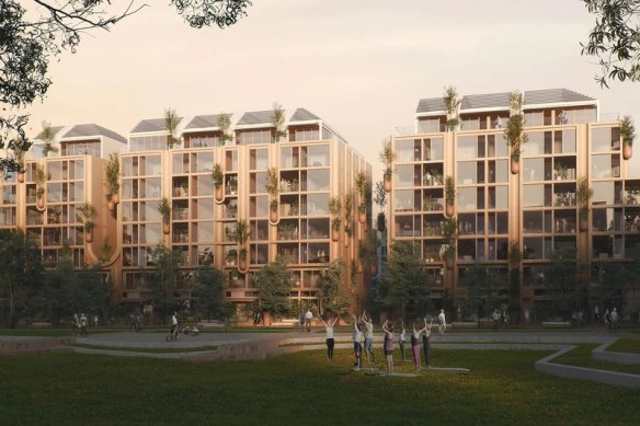 An artist’s impression of the building, which is part of a 1300-unit build-to-rent development in Sydney’s Erskineville.
