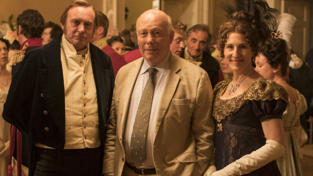 Philip Glenister, Julian Fellowes, Tamsin Greig on the set of Belgravia.