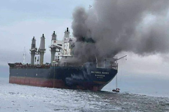 A Thai cargo ship struck and set ablaze by Iran on March 11 in the Strait of Hormuz