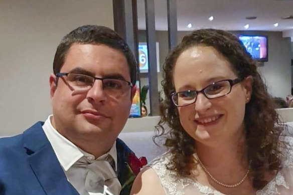 Ben and Rachel at the pub after they rushed to make it down the aisle on Thursday.