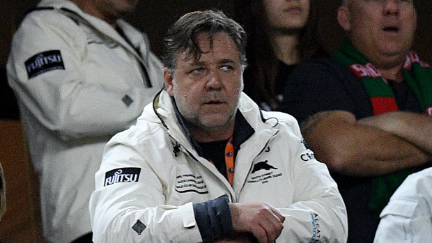 Russell Crowe, pictured here watching the Rabbitohs chalk up another finals win, will be at Allianz Stadium for their preliminary final against the Roosters on Saturday.