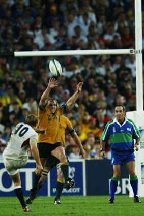 Jonny Wilkinson kicks the winning field goal against Australia in the 2003 World Cup final in Sydney.