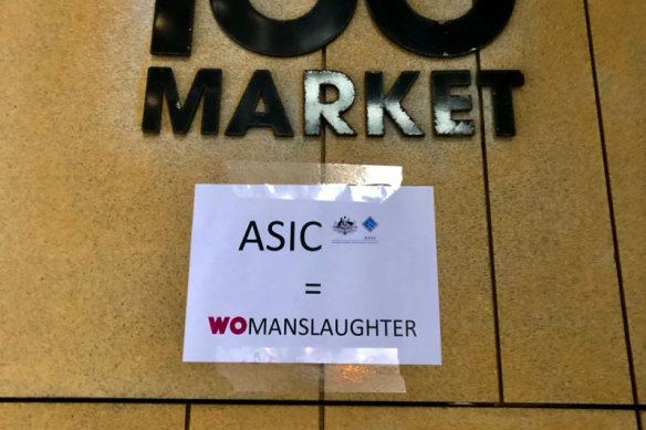 Anthony Koletti attached this sign outside ASIC’s office on the anniversary of his wife Melissa Caddick’s disappearance. 