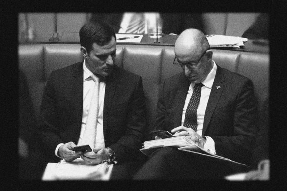 Alex Hawke (left) and Stuart Robert were among Scott Morrison’s closest allies.