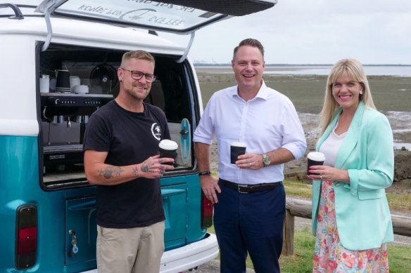 Kombi Pod operator Steve Prater, Lord Mayor Adrian Schrinner and the LNP’s Wynnum Manly candidate, Alex Givney.