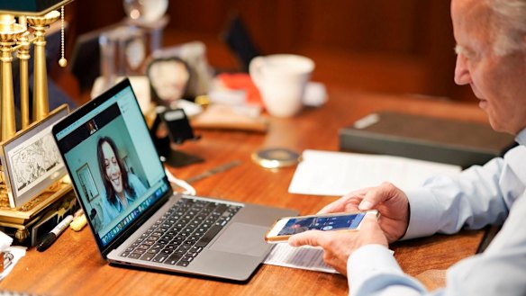Presumptive Democratic presidential nominee Joe Biden speaks to his running mate Senator Kamala Harris.